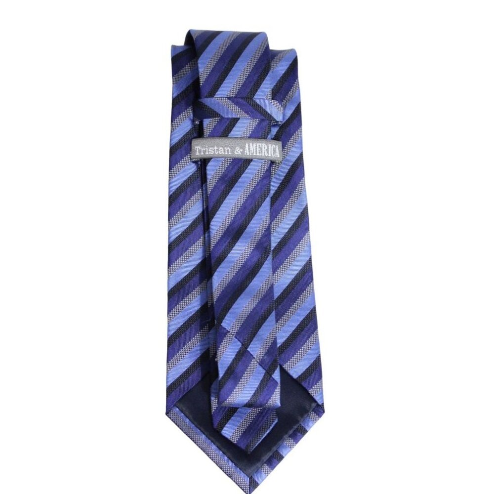 ⚡️BUY 3 for $55⚡️ Tristan & AMERICA Tie 100% Silk -Blues, Grey & Black Stripe - Picture 2 of 5